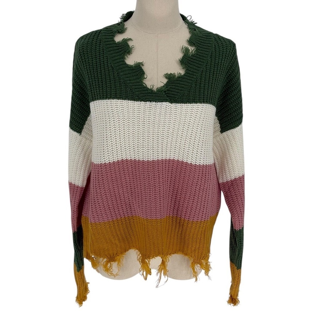 Full Circle Trends Striped Distressed V Neck Sweater Large Green White Pink Gold